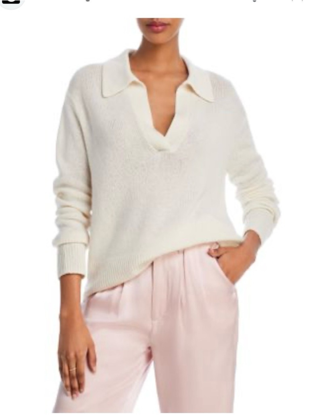 Aqua Cashmere Ivory Polo Sweater L Collared Soft Knit Quiet Luxury